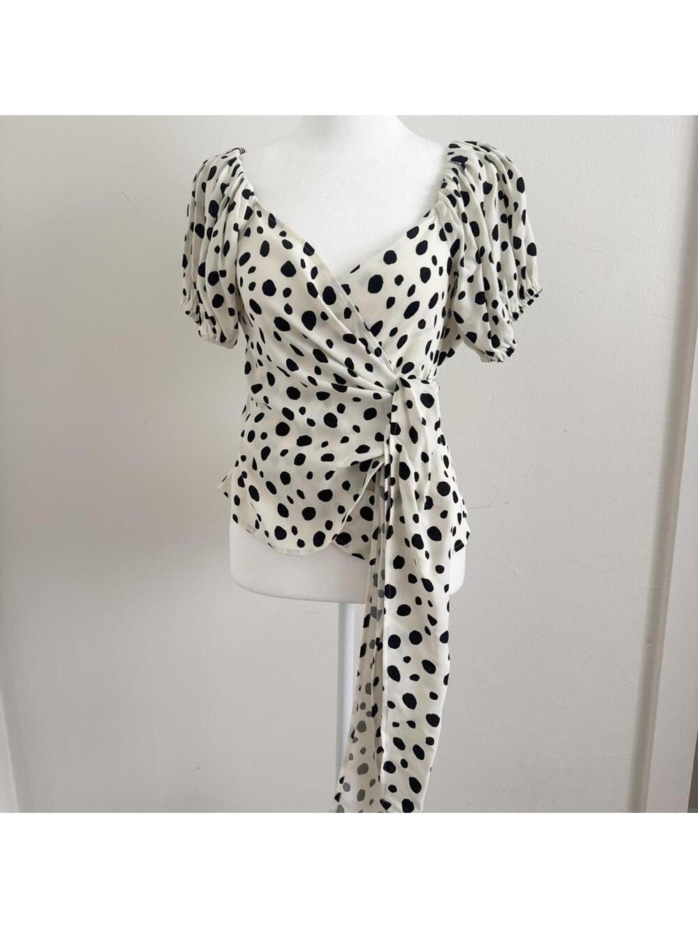 Reformation Lores Off The Shoulder Puff Sleeve Wrap Top in polkadot